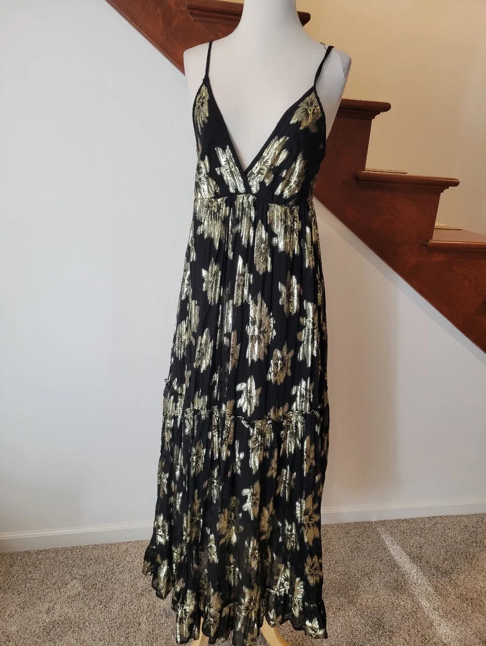 GOA Black and Gold Floral Maxi Dress Elegant Spaghetti Strap Boho Dress Size M - Picture 1 of 7